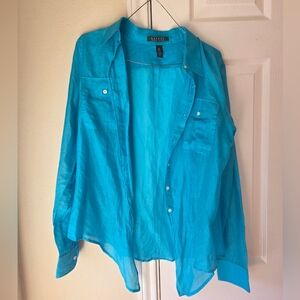 Ralph Lauren Top M Cotton Silk Blend Blouse Button Up Long‎ Sleeve Tie Front